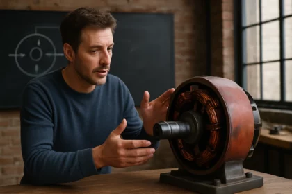 Muž vysvetľuje fungovanie generátora s mechanickými komponentmi.