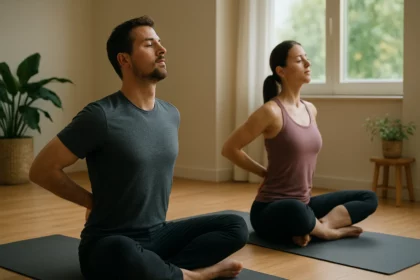 Cvičenie pre zdravú chrbticu v jogovej pozícii.