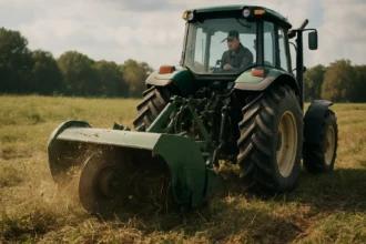 Traktor so štiepeným kotúčom na spracovanie pôdy na poli