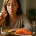 Žena drží omega-3 kapsulu a obdivuje vplyv na zdravie.