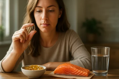 Žena drží omega-3 kapsulu a obdivuje vplyv na zdravie.