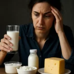 Žena s mliekom a syrom, znepokojená svojím zdravotným stavom.