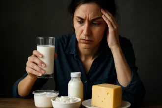 Žena s mliekom a syrom, znepokojená svojím zdravotným stavom.