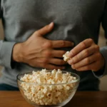 Muž so zobrazeným bruchom sa chystá na jedenie pukancov.