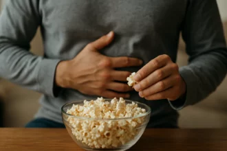 Muž so zobrazeným bruchom sa chystá na jedenie pukancov.