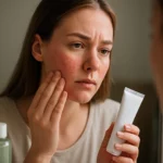 Žena sa pozerá do zrkadla a skúma pleť so začervenaním.