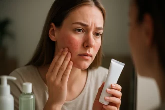 Žena sa pozerá do zrkadla a skúma pleť so začervenaním.