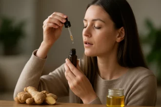 Žena používajúca zázvorové kvapky pre zdravie a imunitu
