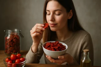 Žena vychutnáva sušené paradajky v miske, zdravý snack.