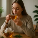 Žena si vychutnáva čaj z rebríčka v pohodlnom prostredí.