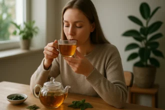 Žena si vychutnáva čaj z rebríčka v pohodlnom prostredí.