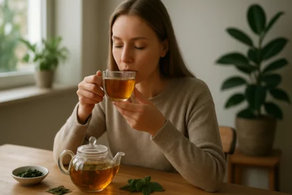 Žena si vychutnáva čaj z rebríčka v pohodlnom prostredí.