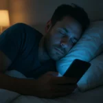 Muž používajúci mobil v posteli v noci pod modrým svetlom.