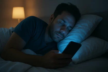 Muž používajúci mobil v posteli v noci pod modrým svetlom.