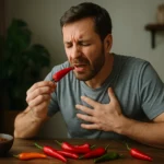 Muž zažíva reakciu na pálivé korenie.