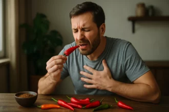 Muž zažíva reakciu na pálivé korenie.