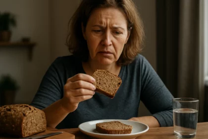Žena skúma kúsok celozrnného chleba s obavami.