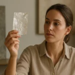 Žena skúma lesklý list sľudy v moderne zariadenej miestnosti.