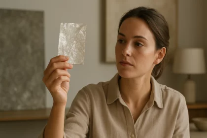 Žena skúma lesklý list sľudy v moderne zariadenej miestnosti.