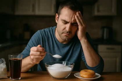 Muž s ťažkým pohľadom a cukrom, symbolizuje riziká nadmernej konzumácie.