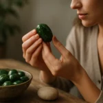 Žena skúma chrómdiopsid, kameň harmonických energií.