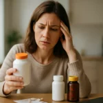 Žena zamyslená nad výberom vitamínov a multivitamínov.