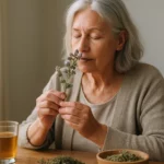 Žena obdivujúca kozí rutu, prírodnú liečivú rastlinu.