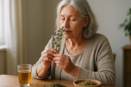 Žena obdivujúca kozí rutu, prírodnú liečivú rastlinu.