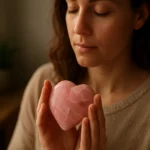 Žena drži srdcovitý ružový jaspis pre energetické a duchovné uzemnenie.