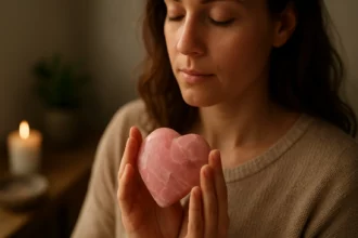 Žena drži srdcovitý ružový jaspis pre energetické a duchovné uzemnenie.