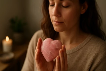 Žena drži srdcovitý ružový jaspis pre energetické a duchovné uzemnenie.