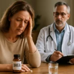 Žena v kancelárii lekára diskutuje o DHEA s odborníkom na zdravie.