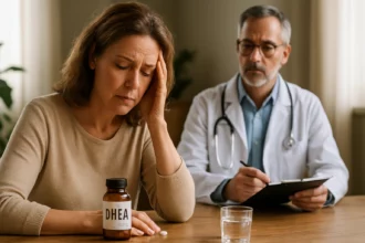 Žena v kancelárii lekára diskutuje o DHEA s odborníkom na zdravie.