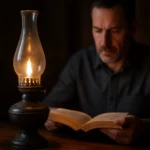 Muž číta knihu pri svetle petrolejovej lampy