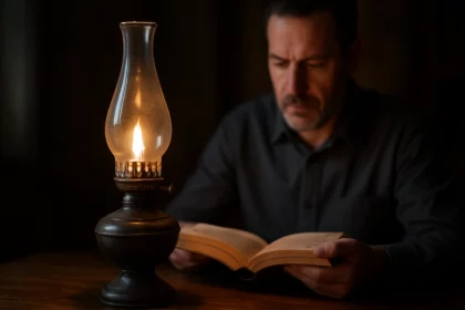 Muž číta knihu pri svetle petrolejovej lampy