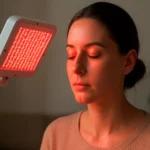 Žena pri terapii infračervenou lampou na tvár.