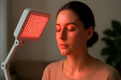 Žena pri terapii infračervenou lampou na tvár.