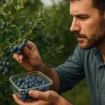 Muž zbiera čučoriedky z kríka do nádoby v záhrade.