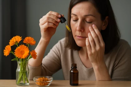 Žena nanášajúca nechtíkové kvapky na pleť pre upokojenie pokožky.