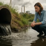 Žena sa znepokojene pozerá na znečistené vody