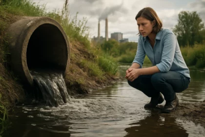 Žena sa znepokojene pozerá na znečistené vody