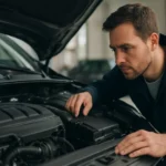 Muž kontroluje motor automobilu, symbolizujúci efektívnosť Atkinsonovho motora.