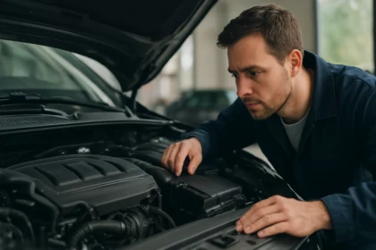 Muž kontroluje motor automobilu, symbolizujúci efektívnosť Atkinsonovho motora.