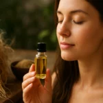 Žena s vetiverovým olejom, relaxačná atmosféra v pozadí.