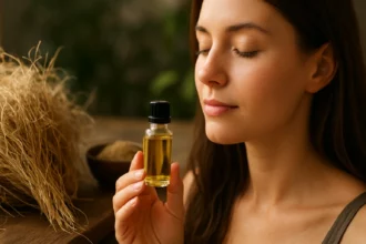 Žena s vetiverovým olejom, relaxačná atmosféra v pozadí.