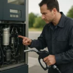 Muž skúma benzínové čerpadlo na čerpacej stanici.