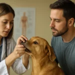 Veterinárka skúma psa počas vyšetrenia v ordinácii.