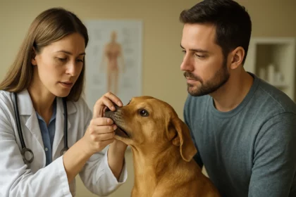 Veterinárka skúma psa počas vyšetrenia v ordinácii.