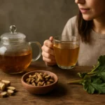 Žena si vychutnáva rebarborový koreňový čaj s prírodnými ingredienciami.