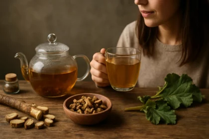 Žena si vychutnáva rebarborový koreňový čaj s prírodnými ingredienciami.